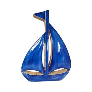 Imagem de Enfeite Decorativo Estátua Barquinho 29cm Barco Azul Oceano Madeira Luxo Premium Casa Na Praia