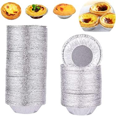 Imagem de 100 peças de moldes de torta de ovo de folha de alumínio, mini formas redondas de torta, molde de forma de cupcake, molde de bolo de alcatrão, utensílios de cozinha para assar torta de torta, (pacote