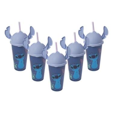 Imagem de Kit 5 Copos Stitch e Angel 500ml Com Tampa Ludica Canudo Orelhinha par