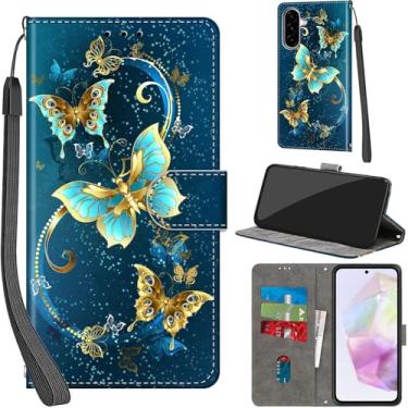 Imagem de Salanheo Capa carteira para Samsung Galaxy A56 / A36, com [3 compartimentos para cartões], fecho magnético com suporte, capa protetora de couro PU à prova de choque 17 cm, borboleta verde dourada