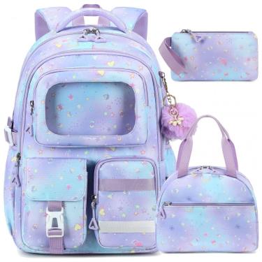 Imagem de Mochila escolar AO ALI VICTORY roxa 3 em 1 com lancheira e estojo para notebook até 16"