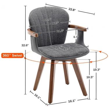 Imagem de Cadeira giratória LUNLING cinza em tecido e couro sintético com braços e pés em bambu para sala de jantar e escritório