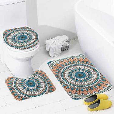 Imagem de Conjunto de 3 peças de tapetes de banheiro de mandala vinatage, boho, tapete de banheiro lavável, antiderrapante, tapete de contorno e tampa para banheiro