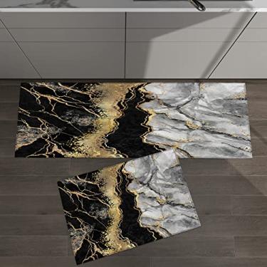 Imagem de Conjunto de 2 tapetes de cozinha abstrato mármore preto cinza dourado para tapetes acolchoados e tapetes antiderrapantes absorventes corredor confortável tapete de pé