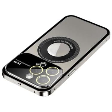 Imagem de PuRoxx Capa magnética para iPhone 15 Pro Max/15 Pro/15 Plus/15, protetor de lente de câmera de vidro de janela, moldura de metal, imagem do logotipo, capa traseira translúcida fosca, cinza, 15ProMax