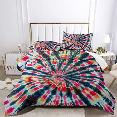 Imagem de Jogo de cama com estampa tie-dye Boho Tie-Dye para cama em um saco, 7 peças, padrão de redemoinho colorido, incluindo 1 lençol com elástico + 1 edredom + 4 fronhas + 1 lençol de cima (A, cama queen em