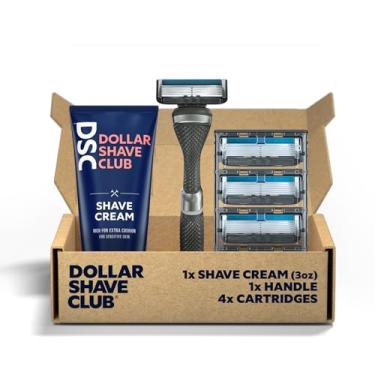 Imagem de Dollar Shave Club Conjunto de barbeador de 6 lâminas, 1 cabo, cartuchos de 4 x 6 lâminas, creme de barbear de 85 g, prata/azul