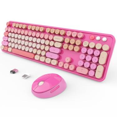 Imagem de Combo de teclado e mouse sem fio, teclado ergonômico, tamanho completo, retrô, redondo, compatível com Windows, PC, Perfer para teclados domésticos e de escritório (vermelho)