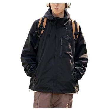 Imagem de Jaqueta masculina leve corta-vento cor sólida capa de chuva casaco com capuz jaqueta Rip Stop, Preto, M
