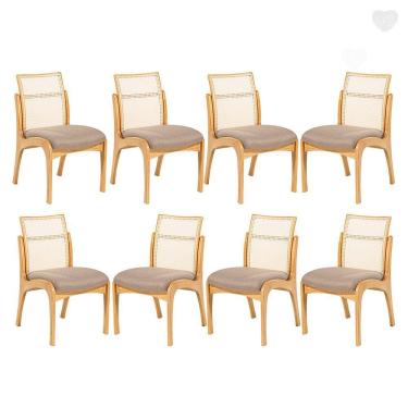 Imagem de Kit 8 Cadeiras de Madeira Estofada para Mesa de Jantar Lisboa Linho Marrom com Encosto Rattan L87 RMI