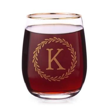 Imagem de Taça de vinho clássica sem haste de cristal de 400 ml, presentes de vinho monograma A-Z para mulheres, taça de vinho personalizada gravada, presentes de monograma para amantes de vinho, brilhos de