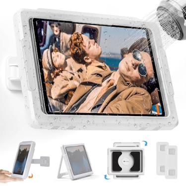 Imagem de Mistriddle Suporte de chuveiro para iPad à prova d'água com rotação de 480° retrátil ajustável, suporte de parede de até 11 polegadas, suporte de tablet de chuveiro para banheira, 2 adesivos, adequado