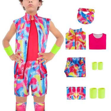 Imagem de UToCos Fantasia de treino dos anos 80, 90, multicolorida, roupa de banho de filme, cosplay, macacão, 7 peças para crianças