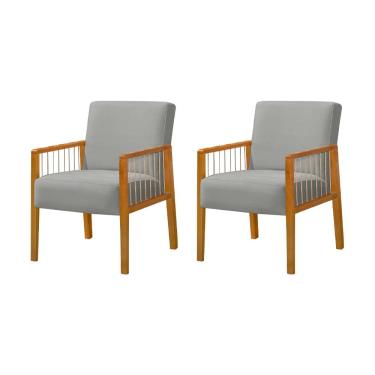 Imagem de Kit 2 Poltronas Decorativas Base em Madeira Maciça e Corda Náutica Copacabana Veludo Cinza Claro 