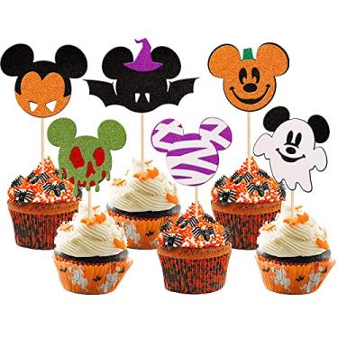 Imagem de 36 peças Minnie Mouse Inspirado no Dia das Bruxas Toppers Glitter Chapéu de Bruxa Morcego Zumbi Múmia Fantasma Assustador Palhetas de Cupcake para Halloween Mini Tema Chá de Bebê Festa de Aniversário Decorações de Bolo Suprimentos