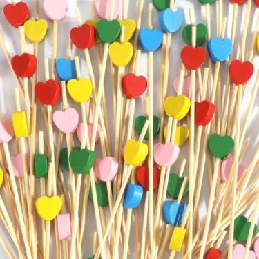 Imagem de 100 peças de palitos de coquetel coloridos de coração de amor, palitos de coração para aperitivos, espetos de aperitivos para aperitivos, escolhas de coquetel para bebidas, palitos de dente