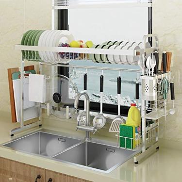 Imagem de Escorredor de louças sobre a pia, escorredor de louça, prateleira grande de escorredor de pratos de aço inoxidável 304 de 2 níveis premium com suportes de utensílios, ganchos para organizador de