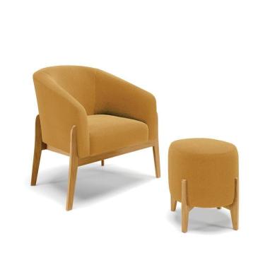 Imagem de Poltrona E Puff Decorativo Base Madeira Stella Bouclê Mostarda P01 - D`rossi