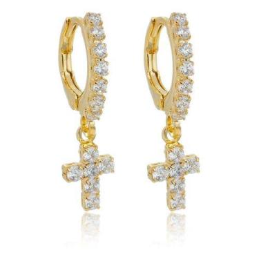 Imagem de Brinco Argola Emily com Pingente Cruz Cravejados Zircônia Cristal banh