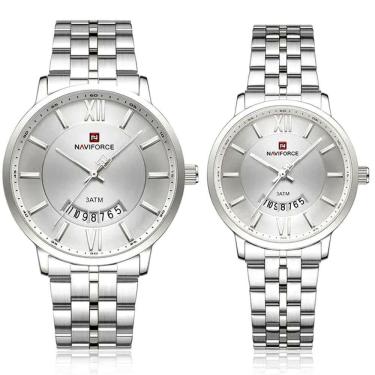 Imagem de Relogio De Pulso Conjunto Casal Em Aço Inoxidável De Quartzo Design Casual Impermeavel 3atm Branco