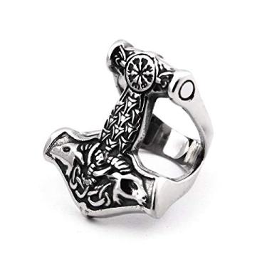 Imagem de Gungneer Anel de martelo Viking Mjolnir Thor, aço inoxidável, joias de proteção com letras runas nórdicas para homens e mulheres, Metal, n
