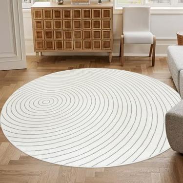 Imagem de Lacomfy Tapete abstrato moderno 1,5 m de linha redonda chique tapete de área com estampa circular creme lavável para sala de estar, sala de jantar, tapete interno antiderrapante para decoração de