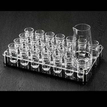 Imagem de CiCixixi Suporte de 24 bandejas de vidro de shot com 24 copos e 1 pote de barra, porta-copos de acrílico, organizador de copos, visor de vidro de shot para festa, bar, clube, pote de 300 ml, copos de