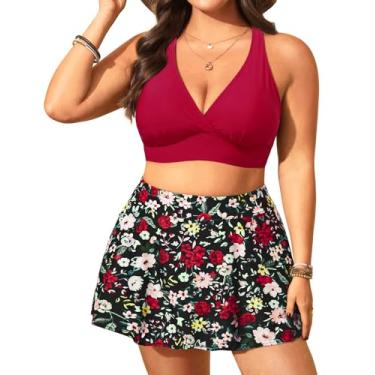 Imagem de Biquíni feminino de cintura alta plus size - maiô de duas peças com saia 2025 com controle de barriga e bolso, Vermelho e floral, 24 Plus Size