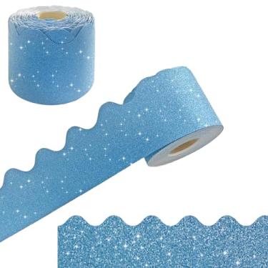 Imagem de Adesivos de bordas de boletim com acabamento de 1,8 m, acabamentos de borda decorativos brilhantes, bordas recortadas, para festas de sala de aula, tiras de decoração de sala de aula (azul)