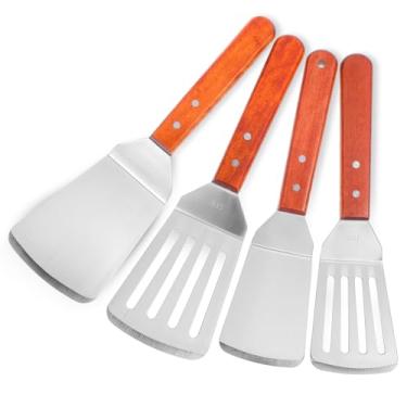 Imagem de Conjunto de 4 espátulas de metal, espátula de aço inoxidável e espátula com fenda, espátula de hambúrguer com cabo de madeira completo, espátula de peixe, espátula de grelha plana para cozinhar,