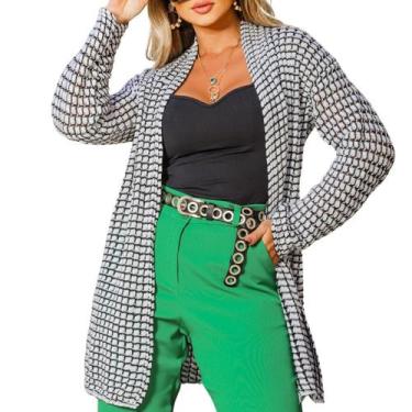 Imagem de Kimono Cardigan Inverno Feminino Quadradinho Reto - EUC STORE, Branco,