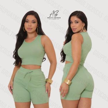 Imagem de Conjunto feminino cropped e shorts em malha canelada conforto e qualid