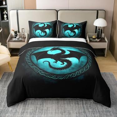 Imagem de Conjunto de capa de edredom tamanho casal dragão conjunto de capa de edredom 100% algodão puro animal místico ocidental (sem enchimento) conjunto de cama de corda boêmia tribal 3 peças