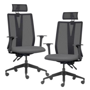 Imagem de Kit 2 Cadeiras Escritório Giratória Presidente Flow F02 Base Preta Crepe Grafite - Lyam Decor