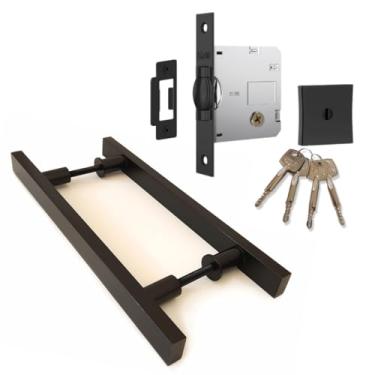 Imagem de Puxador Porta Pivotante 40cm Preto Duplo Alumínio + Fechadura Residencial Rolete Stam Tetra 4 Chaves Roseta Quadrada