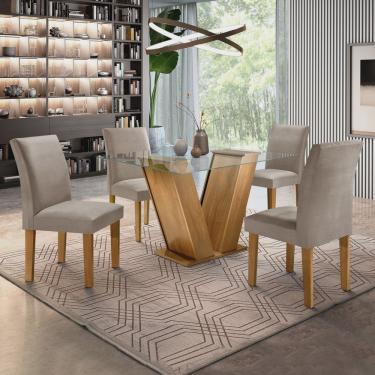 Imagem de Conjunto Sala de Jantar Mesa Tampo de Vidro e 4 Cadeiras Classic Cel Móveis Ypê/Suede Cinza 90