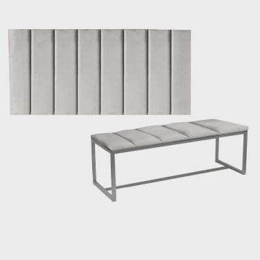 Imagem de Kit Painel Carla e Recamier Industrial 140cm Casal Box Ferro Prata Suede Cinza Claro - Ahz Móveis