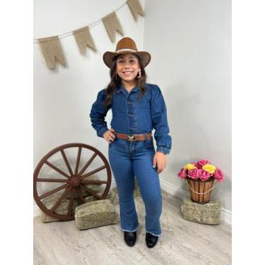 Imagem de Conjunto Jeans Infantil Menina Camisa e Calça Flare Moda Boiadeira Nov