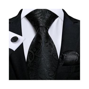 Imagem de Conjunto de Gravata e Abutões Masculinos - Seda Jacquard Preto, Branco