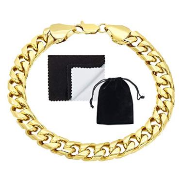 Imagem de Pulseira masculina de corrente de elos cubanos Miami banhada a ouro amarelo 14k 9,3 mm, 8 inches, Latão, Sem Pedra Preciosa