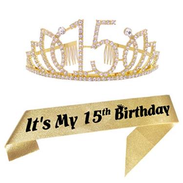 Imagem de Tiara de aniversário de 15 anos e faixa Happy 15th Birthday Party Supplies 15th Gold Birthday Glitter Satin Sash and Crystal Tiara Princess Birthday Crown for Girls 15th Birthday Party Decorations