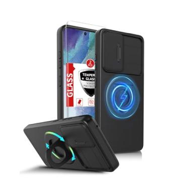 Imagem de IYTRRYH Capa para Samsung Galaxy S21 FE compatível com MagSafe Magnetic, com 2 protetores de tela, capa de câmera embutida, com anel de suporte, proteção resistente contra quedas de grau militar