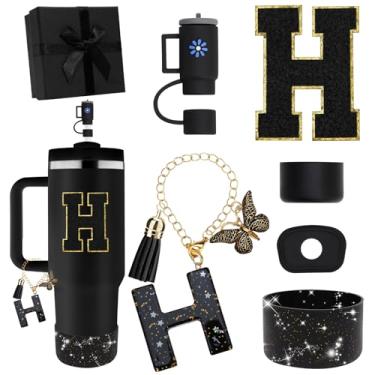 Imagem de Miglaja Acessórios pretos para copos Stanley 850.5 g 1,134.0 g, todos os acessórios caixa de presente contêm topo de palha de flor, bota de silicone, adesivos de letras e pingentes, conjunto de tampa