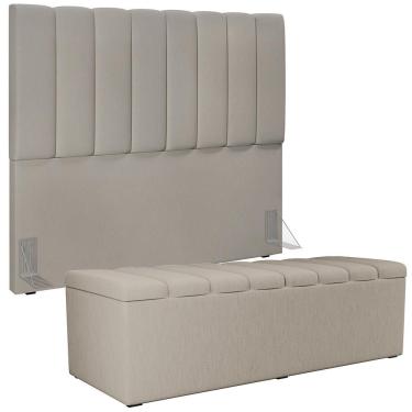 Imagem de Kit Cabeceira e Calçadeira Recamier Baú Dália W01 140cm Casal em Linho com Estrutura de...