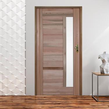 Imagem de Kit Porta De Madeira 210X82Cm Batente 11Cm Fechadura Externa 3B Com Visor Padrão Cedrinho