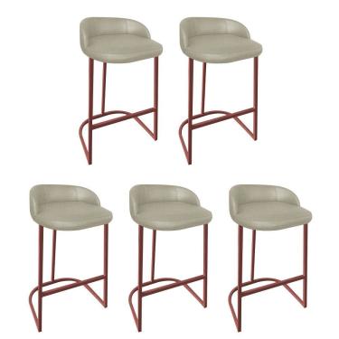 Imagem de Kit 05 Banqueta Com Encosto Alta Cozinha Bar Balcão Ferro Bronze Linho Bege Escuro - Amey Decor
