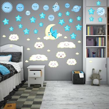 Imagem de Adesivo Parede Lua Estrelas Planetas Nuvem Universo Infantil Titulo Estrelas Azuis
