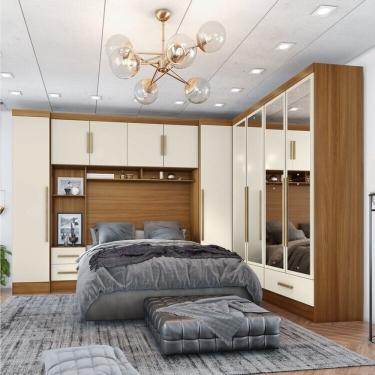 Imagem de Quarto De Casal Completo 5 Peças 6 Portas 4 Gavetas Com Maleiro E Espelhos Smart Plus Cinamomo-offwhite