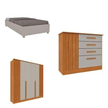 Imagem de Quarto Solteiro Guarda-roupa Ripado Nova York, Cama Solteiro Mônaco, Cômoda 4 Gavetas Nova York Cinamomo-off White