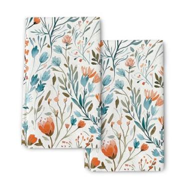 Imagem de Conjunto decorativo de 2 toalhas de cozinha com flores laranjas azuis, toalhas de mão florais em aquarela para cozinhar, cozinhar, macio, absorvente, vintage, floral, roupas para secar pratos